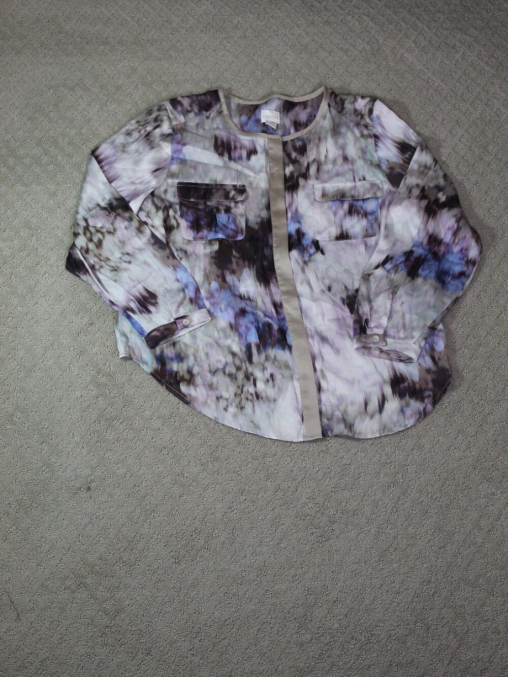 Chico's Size 2P / 12P Purple White Blue Watercolor Polyester Long Sleeve Blouse